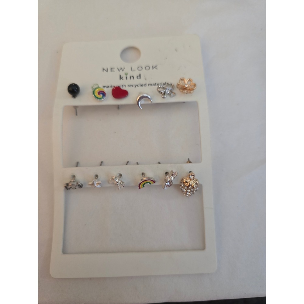 Y2K New Look Kind Stud Earring Set Rainbow Heart Star Moon Mixed Motif 12 Pairs